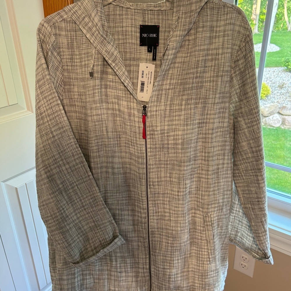 NIC+ZOE Linen Gray Utility Jacket with Plaid Pattern